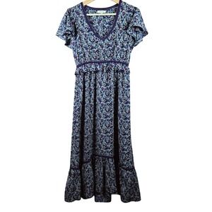 MAX STUDIO Floral Maxi Dress Ruffle Sleeve V Neck Blue Print Size S